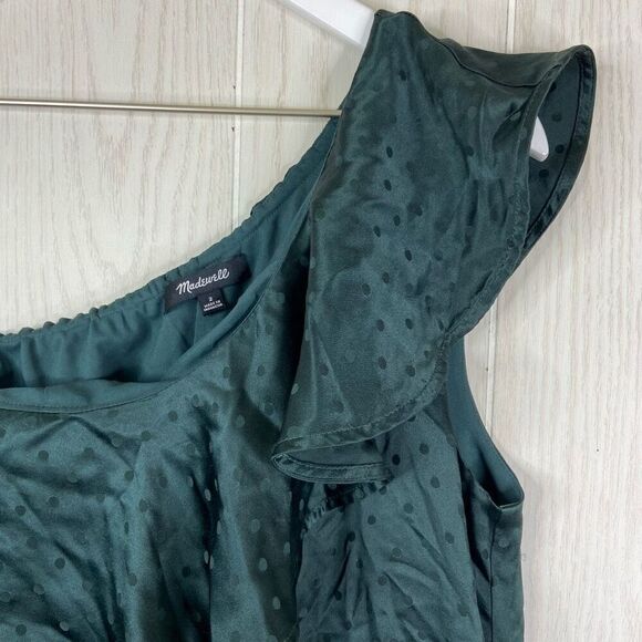 Madewell One-Shoulder Dress Green 100% Silk Green Polka-Dot Size 2 - Picture 4 of 7